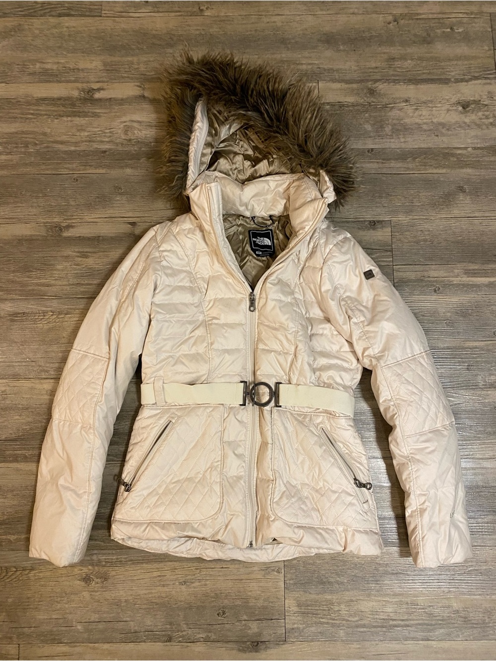 The North Face Women's Light Cream Down Puffer Jacket with Faux Fur Hood